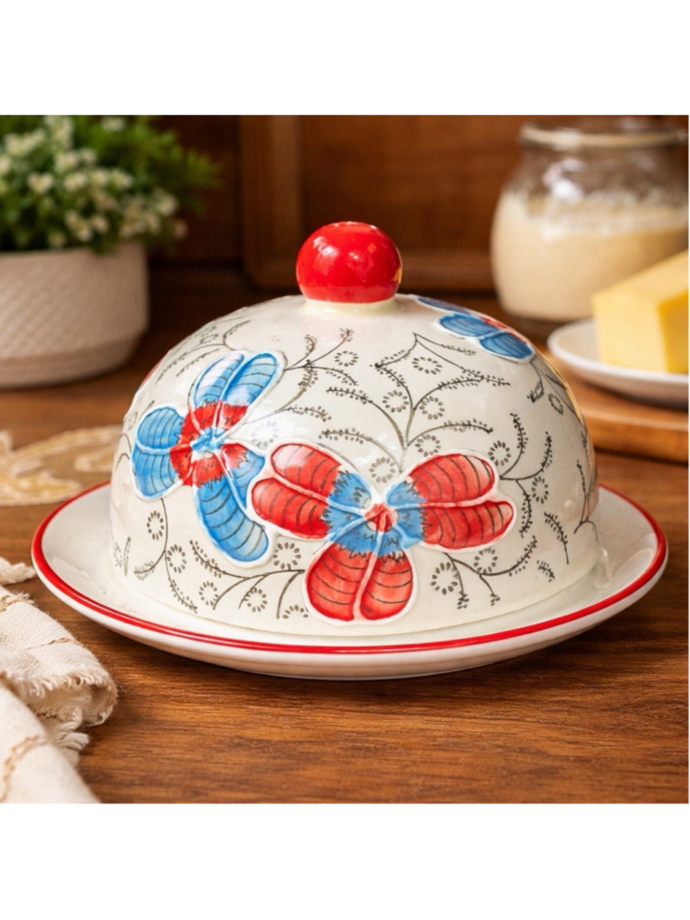 Dutch Wax Floral Ceramic Covered Butter Dish Red Blue White Embossed Dome Lid